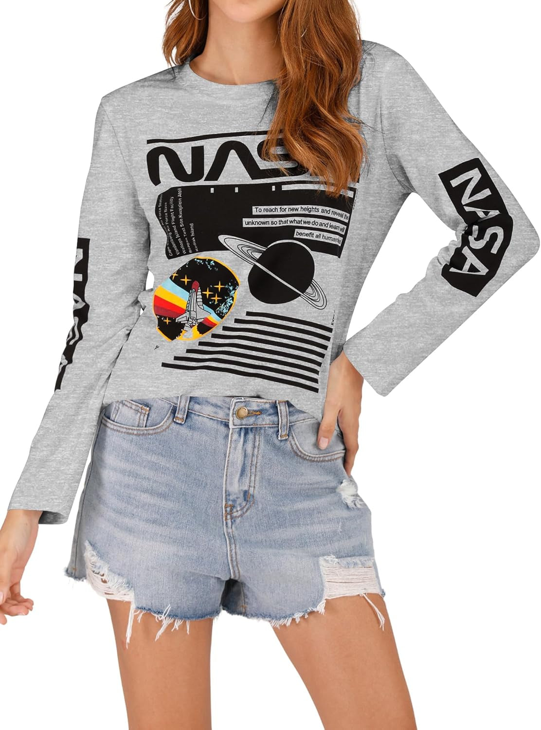 Women Long Sleeve Graphic Shirts NASA Space Letter Print | Crew Neck Tee Tops Tshirt,Fashion T-Shirts,For Spring Fall Winter