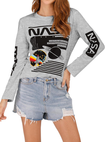 Women Long Sleeve Graphic Shirts NASA Space Letter Print | Crew Neck Tee Tops Tshirt,Fashion T-Shirts,For Spring Fall Winter
