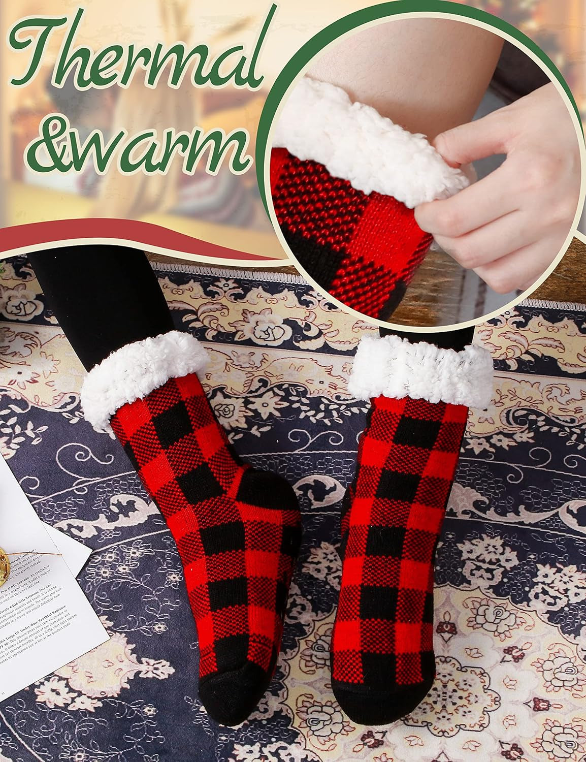 Womens Girls Slipper Socks, Fuzzy Cabin Winter Thick Grips Socks