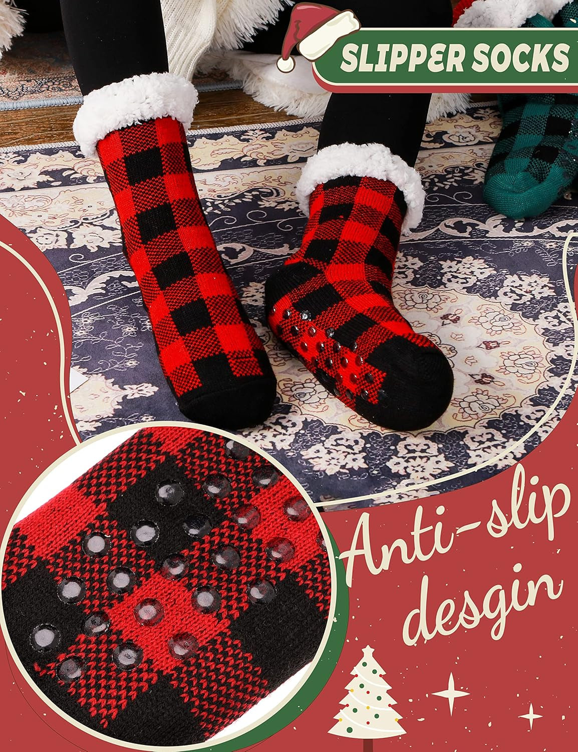 Womens Girls Slipper Socks, Fuzzy Cabin Winter Thick Grips Socks