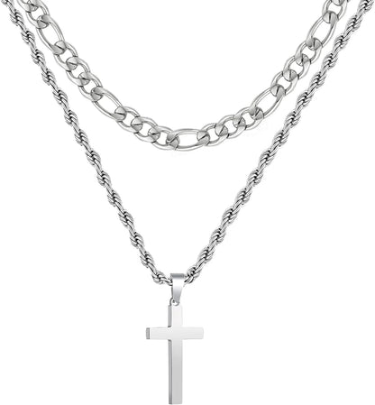 First Communion Graduation Fathers Day Jewelry Gifts for Men Boys Teen Dad Son Silver Cross Necklaces Stainless Steel Cross Pendant Chain Dad Him Kids Catholic Religious Christian Birthday