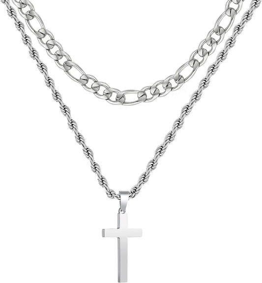 First Communion Graduation Fathers Day Jewelry Gifts for Men Boys Teen Dad Son Silver Cross Necklaces Stainless Steel Cross Pendant Chain Dad Him Kids Catholic Religious Christian Birthday