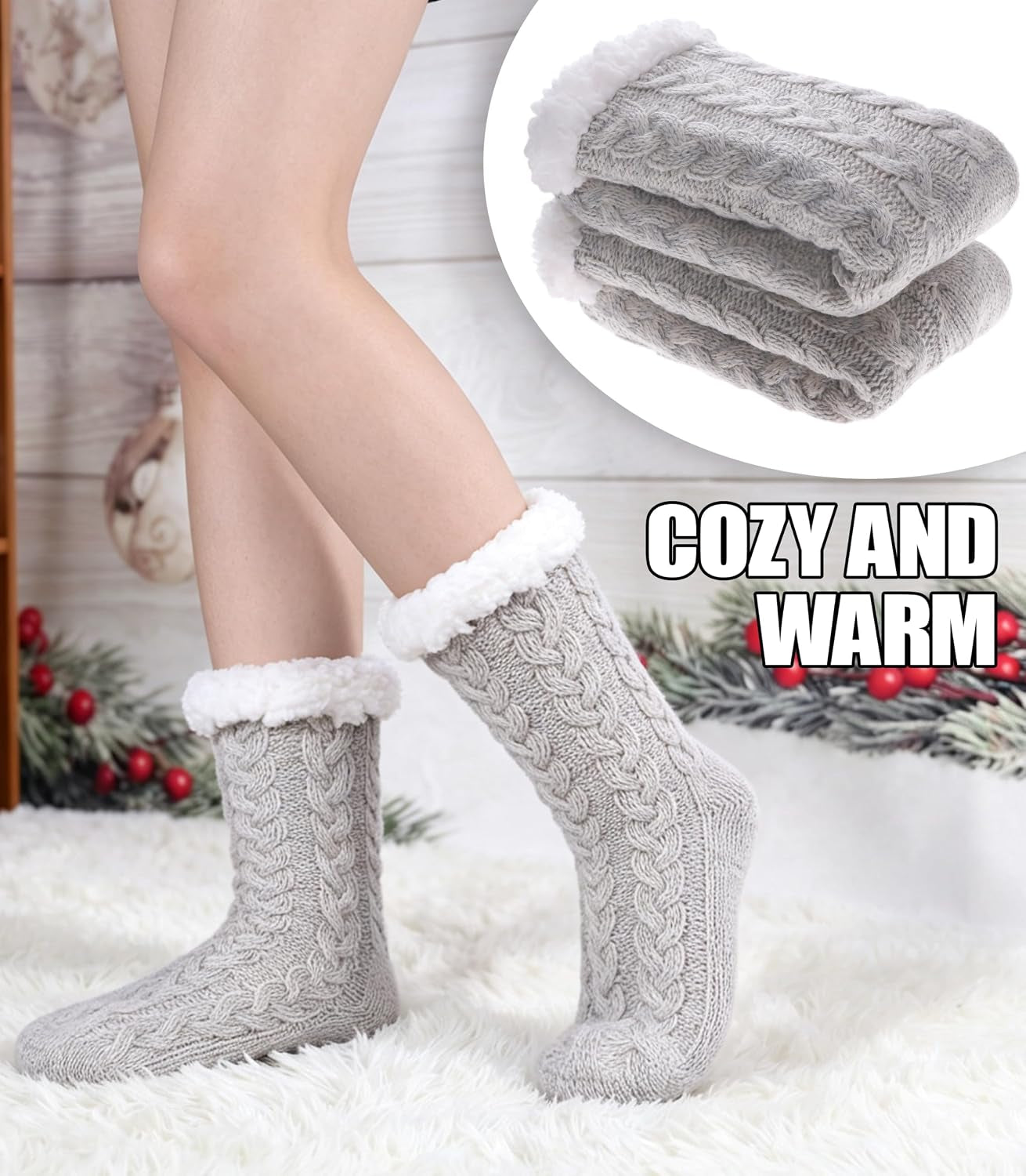 Women'S Winter Super Soft Warm Cozy Fleece Lined Fuzzy Slipper Socks with Grippers