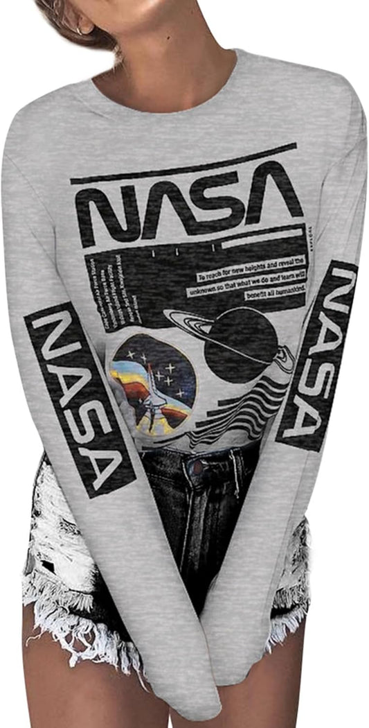Women Long Sleeve Graphic Shirts NASA Space Letter Print | Crew Neck Tee Tops Tshirt,Fashion T-Shirts,For Spring Fall Winter